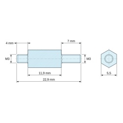 Disegno quotato 11,9 mm / 4 / 7 mm, Distanziatore esagonale filettato maschio/maschio acciaio zincato M3 - 5,5 mm apertura chiave, gambi da 4 e 7 mm