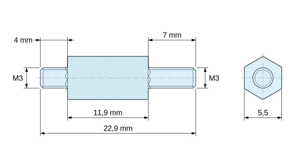 Disegno quotato Distanziatore esagonale filettato maschio/maschio acciaio zincato M3 - 5,5 mm apertura chiave, gambi da 4 e 7 mm