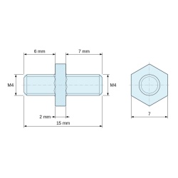 Disegno quotato 2 mm / 6 / 7 mm, Distanziatore esagonale filettato maschio/maschio acciaio zincato blu M4 - 7 mm apertura chiave, gambi da 6 e 7 mm