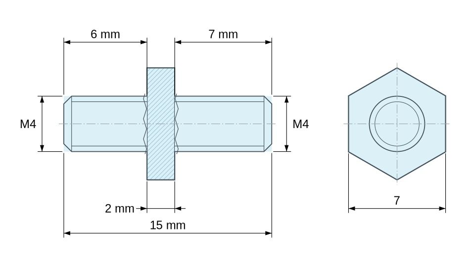 Disegno quotato Distanziatore esagonale filettato maschio/maschio acciaio zincato blu M4 - 7 mm apertura chiave, gambi da 6 e 7 mm