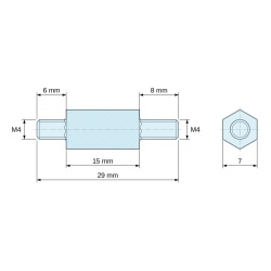 Disegno quotato 15 mm / 6 / 8 mm, Distanziatore esagonale filettato maschio/maschio acciaio zincato blu M4 - 7 mm apertura chiave, gambi da 6 e 8 mm