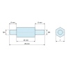 Disegno quotato 15 mm / 6 / 8 mm, Distanziatore esagonale filettato maschio/maschio acciaio zincato blu M4 - 7 mm apertura chiave, gambi da 6 e 8 mm