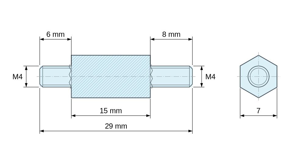 Disegno quotato Distanziatore esagonale filettato maschio/maschio acciaio zincato blu M4 - 7 mm apertura chiave, gambi da 6 e 8 mm