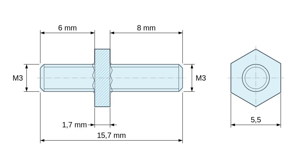 Disegno quotato Distanziatore esagonale filettato maschio/maschio acciaio zincato giallo al piombo M3 - 5,5 mm apertura chiave, gambi da 6 e 8 m