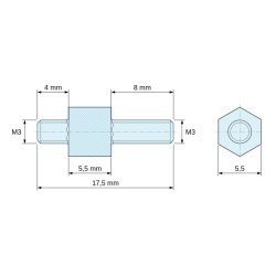 Disegno quotato 5,5 mm / 4 / 8 mm, Distanziatore esagonale filettato maschio/maschio acciaio zincato giallo M3 - 5,5 mm apertura chiave, gambi da 4 e 8 mm