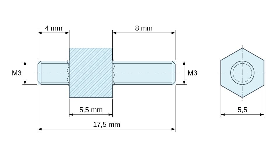 Disegno quotato Distanziatore esagonale filettato maschio/maschio acciaio zincato giallo M3 - 5,5 mm apertura chiave, gambi da 4 e 8 mm
