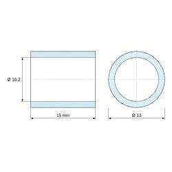 Disegno quotato 15 mm, Distanziatore liscio in ottone nichelato al piombo Ø10,2x13mm per vite M10