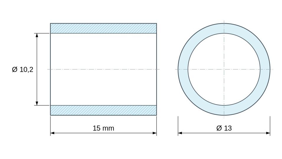 Disegno quotato Distanziatore liscio in ottone nichelato al piombo Ø10,2x13mm per vite M10