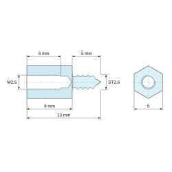 Disegno quotato 8 mm / 5 mm, Distanziatore esagonale filettato autofilettante acciaio zincato senza piombo M2,5 / ST2,6 - 5 mm apertura chiave