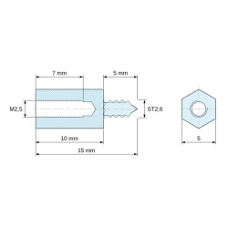 Disegno quotato 10 mm / 5 mm, Distanziatore esagonale filettato autofilettante acciaio zincato M2,5 / ST2,6 - 5 mm apertura chiave
