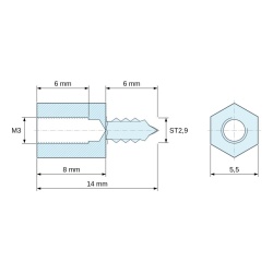 Disegno quotato 8 mm / 6 mm, Distanziatore esagonale filettato autofilettante acciaio zincato senza piombo M3 / ST2,9 - 5,5 mm apertura chiave
