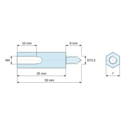 Disegno quotato 25 mm / 8 mm, Distanziatore esagonale filettato autofilettante acciaio zincato senza piombo M4 / ST4,2 - 7 mm apertura chiave