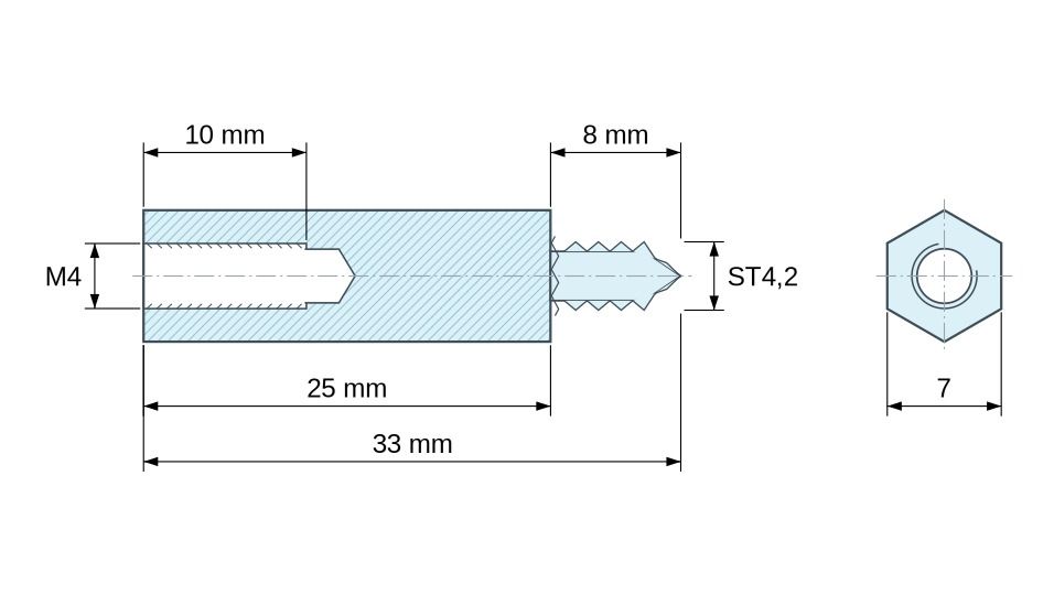 Disegno quotato Distanziatore esagonale filettato autofilettante acciaio zincato senza piombo M4 / ST4,2 - 7 mm apertura chiave
