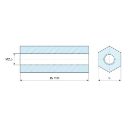 Disegno quotato 15 mm, Distanziatore esagonale filettato femmina/femmina acciaio zincato senza piombo M2,5 - 5 mm apertura chiave