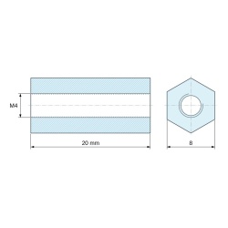 Disegno quotato 20 mm, Distanziatore esagonale filettato femmina/femmina acciaio zincato senza piombo M4 - 8 mm apertura chiave