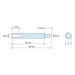 Disegno quotato 30 mm / 6 mm, Distanziatore esagonale filettato maschio/femmina acciaio zincato senza piombo M2,5 - 4 mm apertura chiave