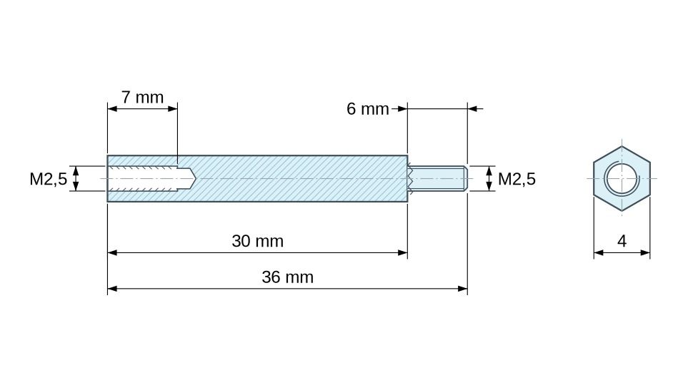 Disegno quotato Distanziatore esagonale filettato maschio/femmina acciaio zincato senza piombo M2,5 - 4 mm apertura chiave