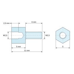 Disegno quotato 5 mm / 6 mm, Distanziatore esagonale filettato maschio/femmina acciaio zincato senza piombo M2,5 - 5 mm apertura chiave