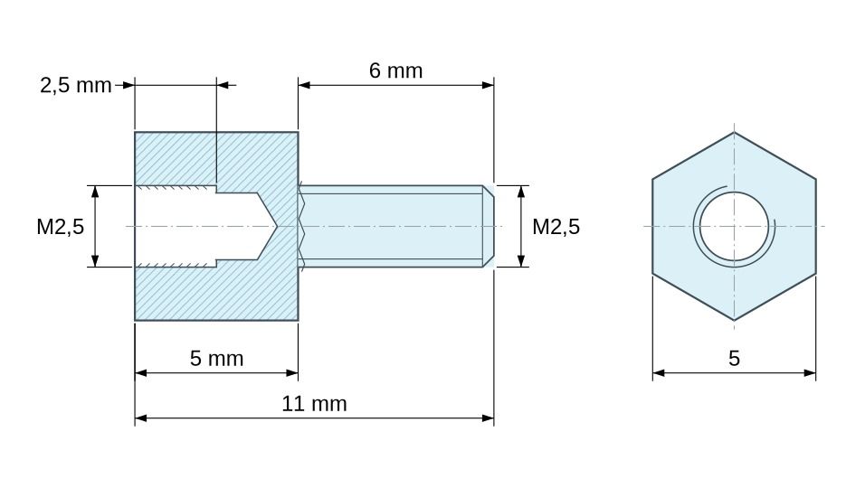 Disegno quotato Distanziatore esagonale filettato maschio/femmina acciaio zincato senza piombo M2,5 - 5 mm apertura chiave