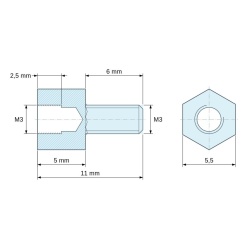 Disegno quotato 5 mm / 6 mm, Distanziatore esagonale filettato maschio/femmina acciaio zincato senza piombo M3 - 5,5 mm apertura chiave