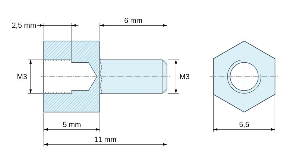 Disegno quotato Distanziatore esagonale filettato maschio/femmina acciaio zincato senza piombo M3 - 5,5 mm apertura chiave Disegno quotato Distanziatore esagonale filettato maschio/femmina acciaio zincato senza piombo M3 - 5,5 mm apertura chiave