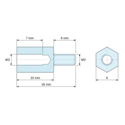 Disegno quotato 10 mm / 6 mm, Distanziatore esagonale filettato maschio/femmina acciaio zincato senza piombo M3 - 6 mm apertura chiave