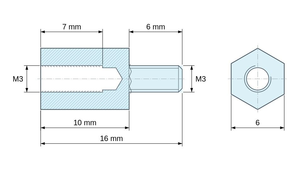 Disegno quotato Distanziatore esagonale filettato maschio/femmina acciaio zincato senza piombo M3 - 6 mm apertura chiave