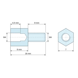 Disegno quotato 8 mm / 8 mm, Distanziatore esagonale filettato maschio/femmina acciaio zincato senza piombo M4 - 7 mm apertura chiave