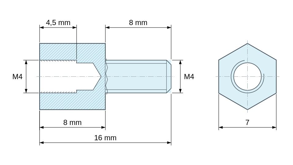 Disegno quotato Distanziatore esagonale filettato maschio/femmina acciaio zincato senza piombo M4 - 7 mm apertura chiave Disegno quotato Distanziatore esagonale filettato maschio/femmina acciaio zincato senza piombo M4 - 7 mm apertura chiave