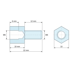 Disegno quotato 10 mm / 12 mm, Distanziatore esagonale filettato maschio/femmina acciaio zincato blu senza piombo M6 - 10 mm apertura chiave