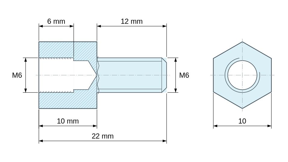 Disegno quotato Distanziatore esagonale filettato maschio/femmina acciaio zincato blu senza piombo M6 - 10 mm apertura chiave Disegno quotato Distanziatore esagonale filettato maschio/femmina acciaio zincato blu senza piombo M6 - 10 mm apertura chiave