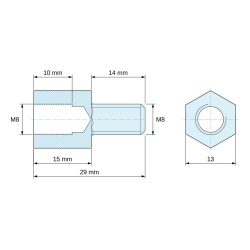Disegno quotato 15 mm / 14 mm, Distanziatore esagonale filettato maschio/femmina acciaio zincato blu senza piombo M8 - 13 mm apertura chiave