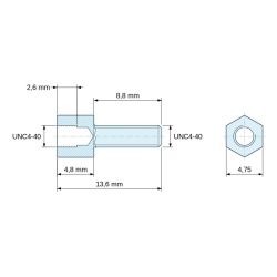 Disegno quotato 4,8 mm / 8,8 mm, Distanziatore esagonale filettato maschio/femmina acciaio zincato senza piombo UNC4-40 - 4,75 mm apertura chiave
