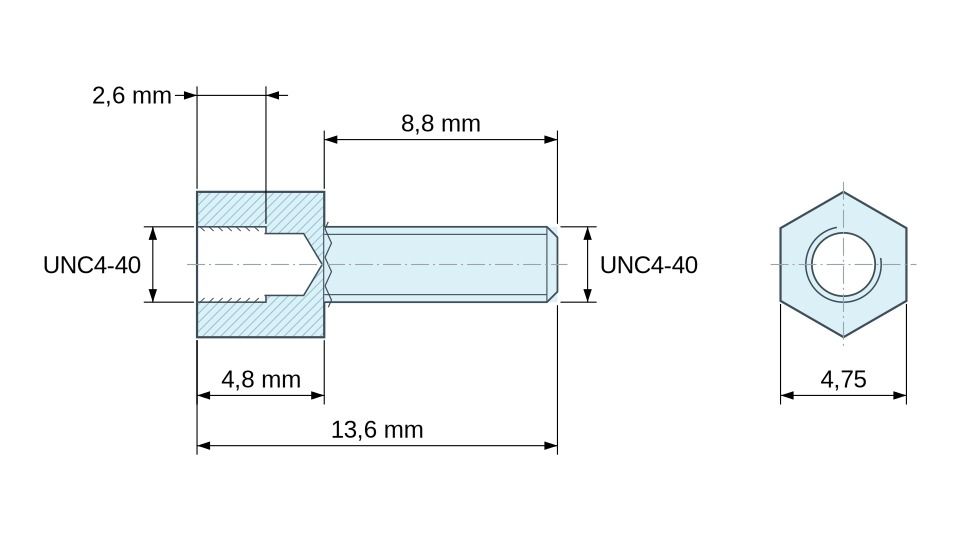 Disegno quotato Distanziatore esagonale filettato maschio/femmina acciaio zincato senza piombo UNC4-40 - 4,75 mm apertura chiave
