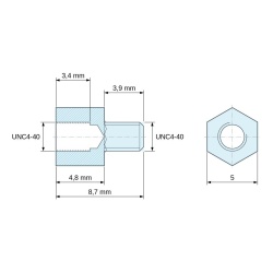 Disegno quotato 4,8 mm / 3,9 mm, Distanziatore esagonale filettato maschio/femmina acciaio zincato senza piombo UNC4-40 - 5 mm apertura chiave
