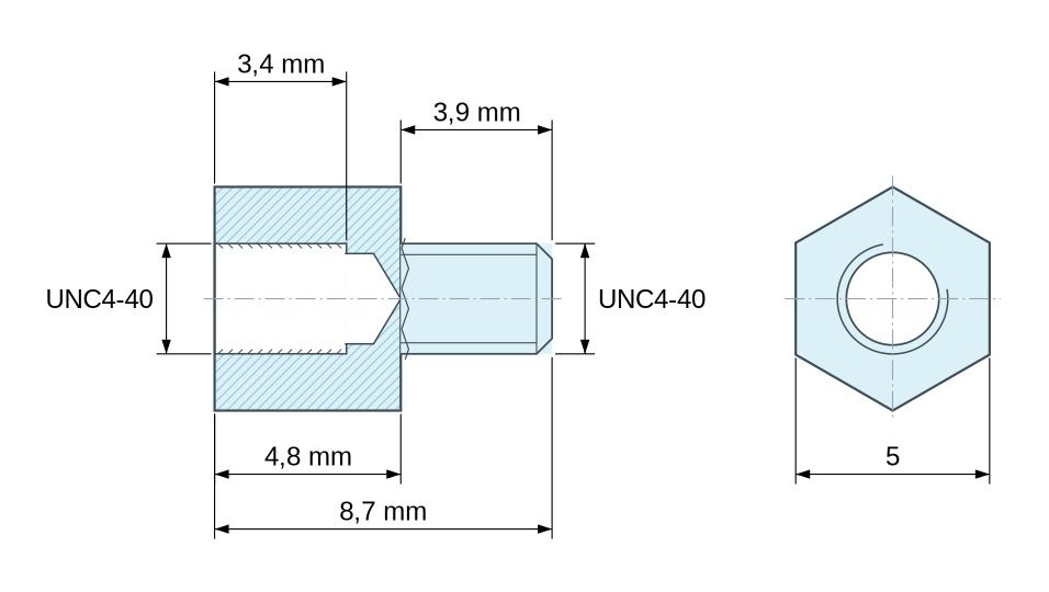 Disegno quotato Distanziatore esagonale filettato maschio/femmina acciaio zincato senza piombo UNC4-40 - 5 mm apertura chiave