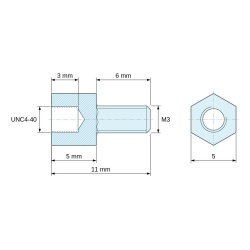 Disegno quotato 5 mm / 6 mm, Distanziatore esagonale filettato maschio/femmina acciaio zincato senza piombo UNC4-40 / M3 - 5 mm apertura chiave