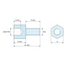 Disegno quotato 5 mm / 6 mm, Distanziatore esagonale filettato maschio/femmina acciaio zincato senza piombo UNC4-40 / M3 - 5 mm apertura chiave