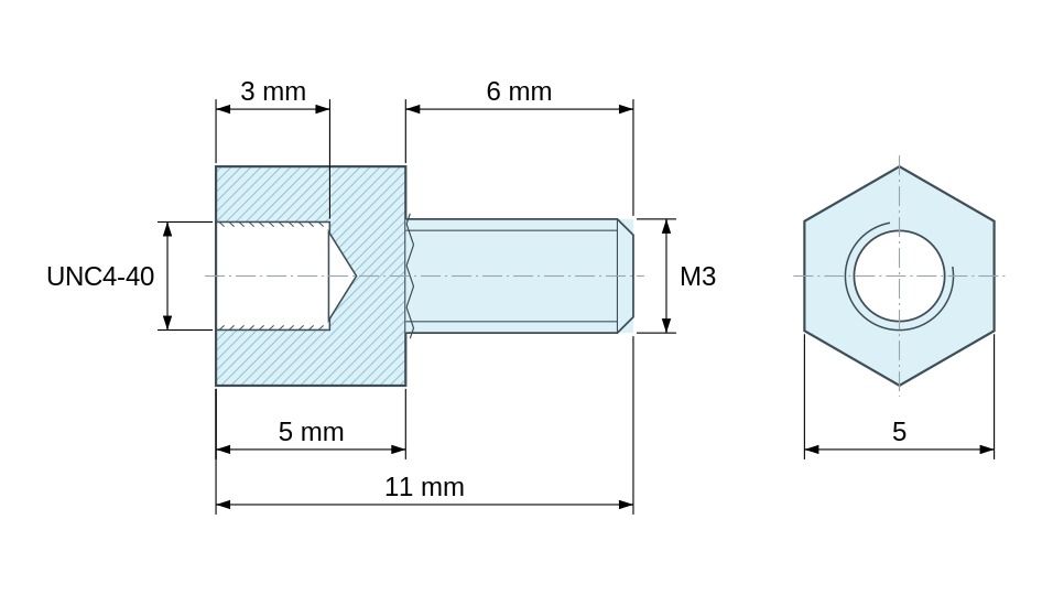Disegno quotato Distanziatore esagonale filettato maschio/femmina acciaio zincato senza piombo UNC4-40 / M3 - 5 mm apertura chiave