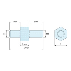 Disegno quotato 5 mm / 6 / 8 mm, Distanziatore esagonale filettato maschio/maschio acciaio zincato senza piombo M4 - 7 mm apertura chiave, gambi da 6 e 8 mm
