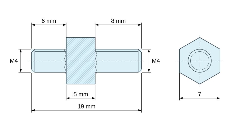 Disegno quotato Distanziatore esagonale filettato maschio/maschio acciaio zincato senza piombo M4 - 7 mm apertura chiave, gambi da 6 e 8 mm