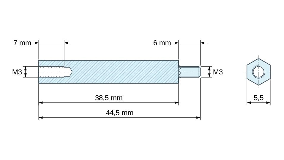 Disegno quotato Distanziatore esagonale filettato maschio/femmina acciaio zincato giallo senza piombo M3 - 5,5 mm apertura chiave Disegno quotato Distanziatore esagonale filettato maschio/femmina acciaio zincato giallo senza piombo M3 - 5,5 mm apertura chiave