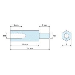 Disegno quotato 22 mm / 8 mm, Distanziatore esagonale filettato maschio/femmina acciaio zincato giallo senza piombo M4 - 7 mm apertura chiave