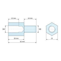 Disegno quotato 18 mm / 14 mm, Distanziatore esagonale filettato maschio/femmina acciaio zincato giallo senza piombo M8 - 13 mm apertura chiave