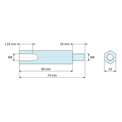 Disegno quotato 60 mm / 14 mm, Distanziatore esagonale filettato maschio/femmina acciaio zincato giallo senza piombo M8 - chiave da 13 mm