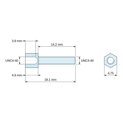 Disegno quotato 4,9 mm / 14,2 mm, Distanziatore esagonale filettato maschio/femmina acciaio zincato giallo senza piombo UNC4-40 - 4,75 mm apertura chiave