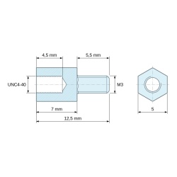 Disegno quotato 7 mm / 5,5 mm, Distanziatore esagonale filettato maschio/femmina acciaio zincato giallo senza piombo UNC4-40 / M3 - 5 mm apertura chiave