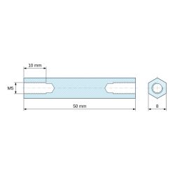 Disegno quotato 50 mm, Distanziatore esagonale filettato femmina/femmina acciaio zincato senza piombo M5