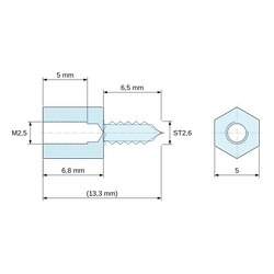 Disegno quotato 6,8 mm / 6,5 mm, Distanziatore esagonale filettato autofilettante acciaio zincato M2,5 / ST2,6 - chiave da 5 mm