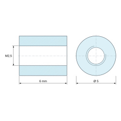 Disegno quotato 6 mm, Distanziatore tondo filettato femmina/femmina in poliacetale POM bianco UL94-HB M2,5 - Ø5 mm
